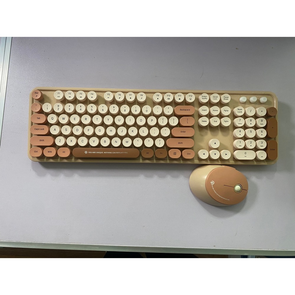 RF104 Wireless Keyboard Mouse Combo Beige Retro Round Keys USB Receiver